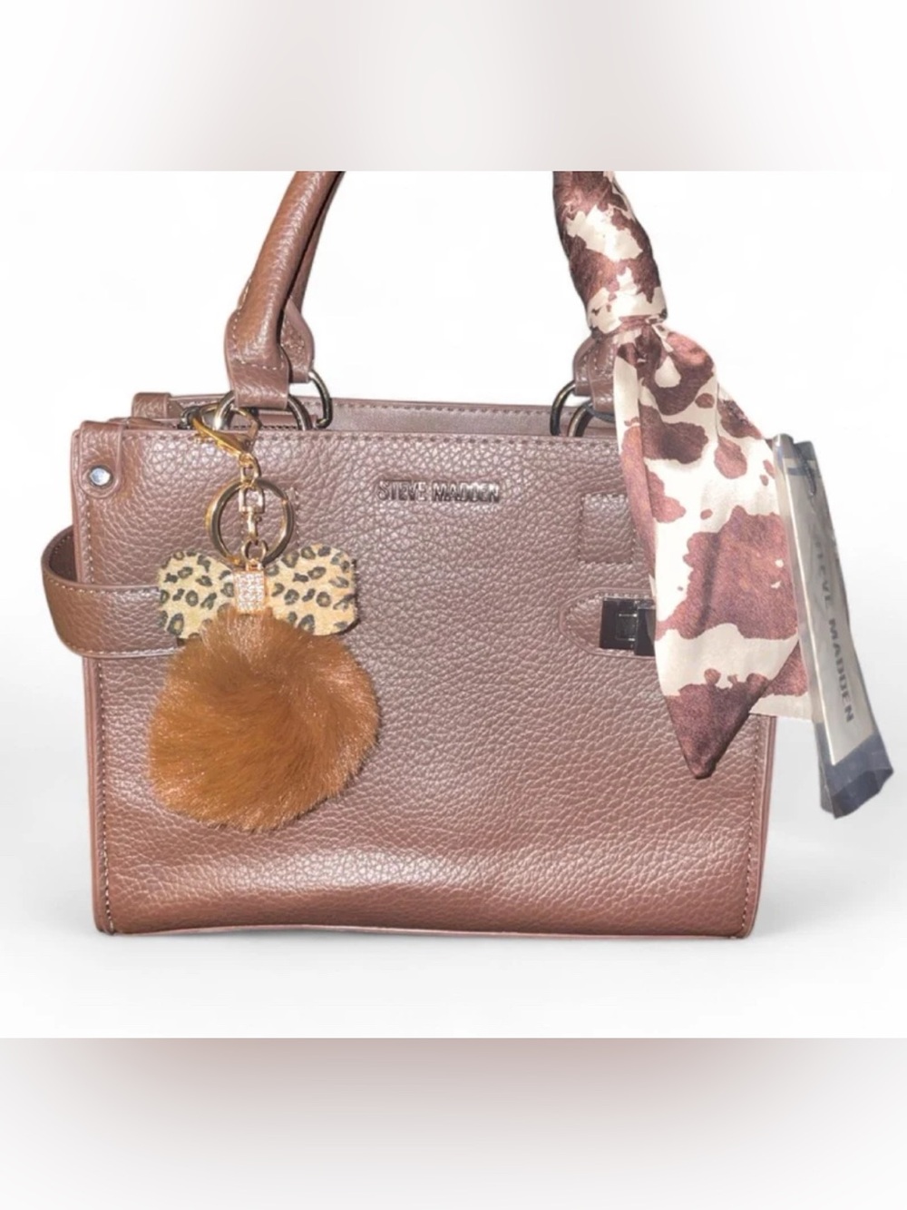 Steve Madden Brown Faux-Leather Satchel with Scarf Accent